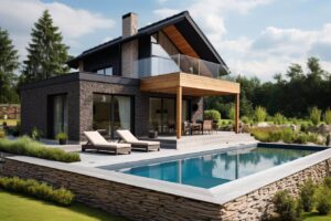Moderní dům, alpský styl, kamenný obklad, sedlová střecha, velká terasa, bazén