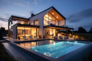 Moderní luxusní dům, sedlová střecha, velká terasa, novostavba s bazénem