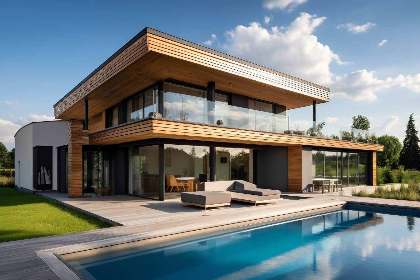 moderní dům, luxusní terasa, velká okna, plochá střecha, bazén