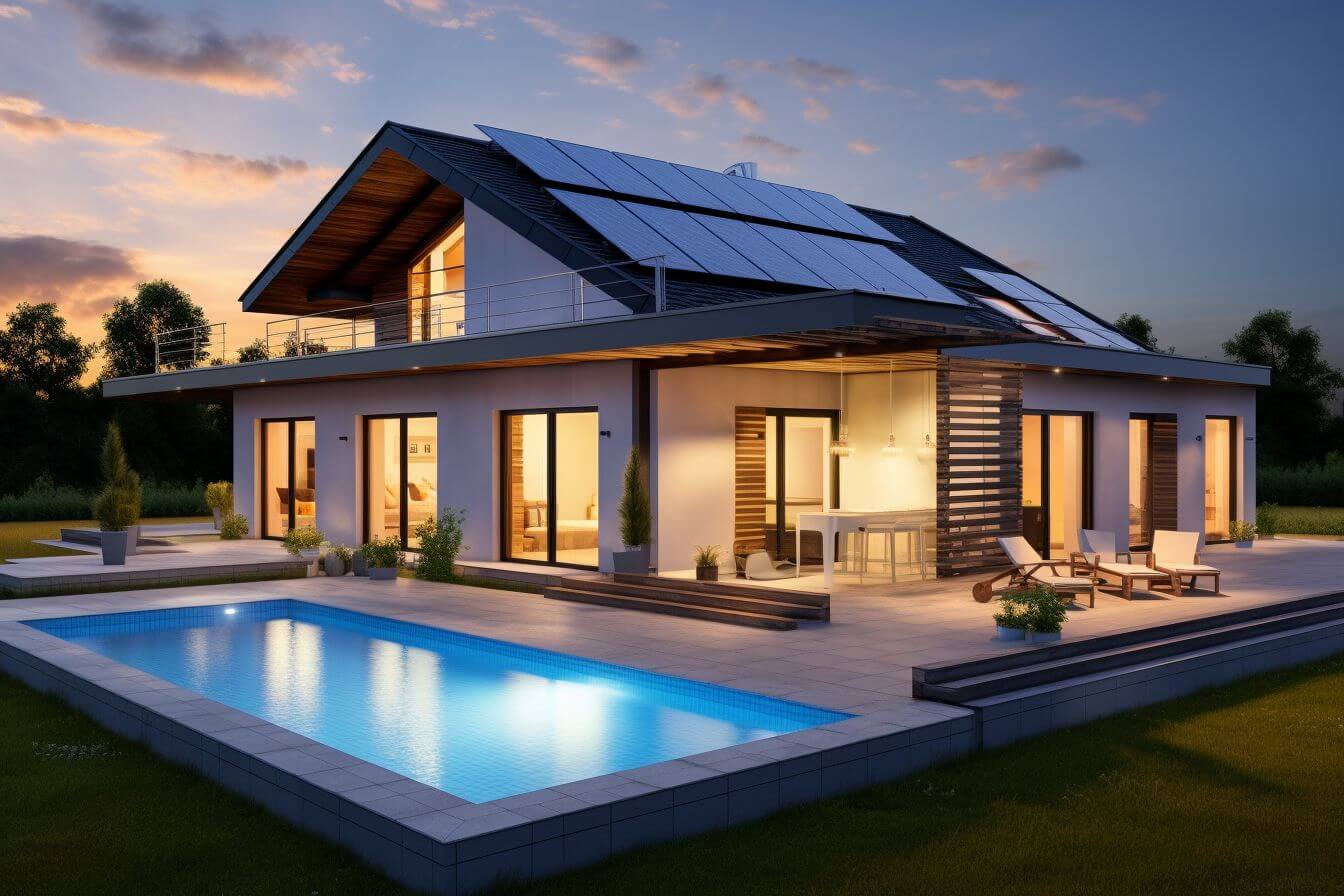 Moderní dům, sedlová střecha, solární panely, francouská okna, terasa, bazén, večer, osvětlení s bazénem