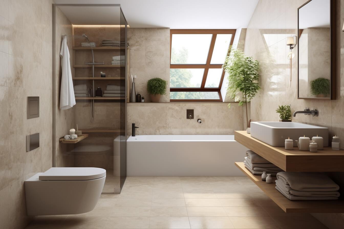 moderní luxusní koupelna, velká vana, velkoformátové dlaždice